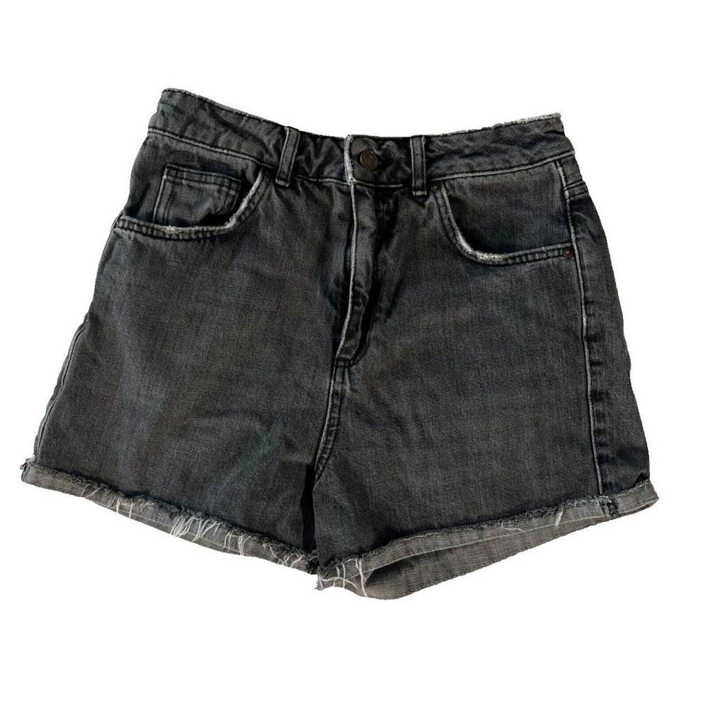 TOPSHOP Denim Shorts Moto Girlfriend Jean Sz 6 Washed Dark Grey High Waisted
